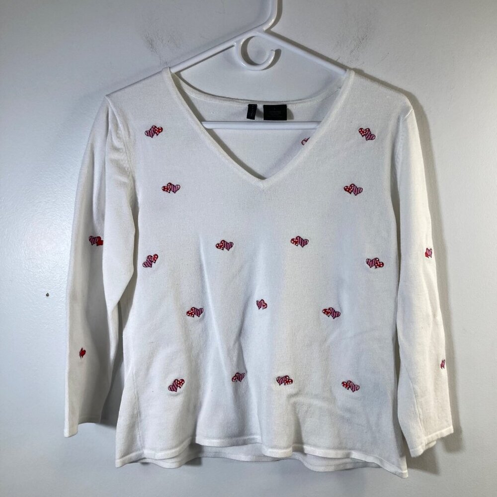 Womens Etoile V‎ Neck Sweater Hearts Beads 3/4 Sleeve White Red Pink L Soft
